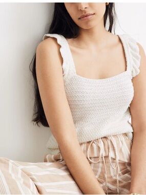 Madewell Cream Crochet Knit Tank Top Ruffle Strap 100% Cotton Small